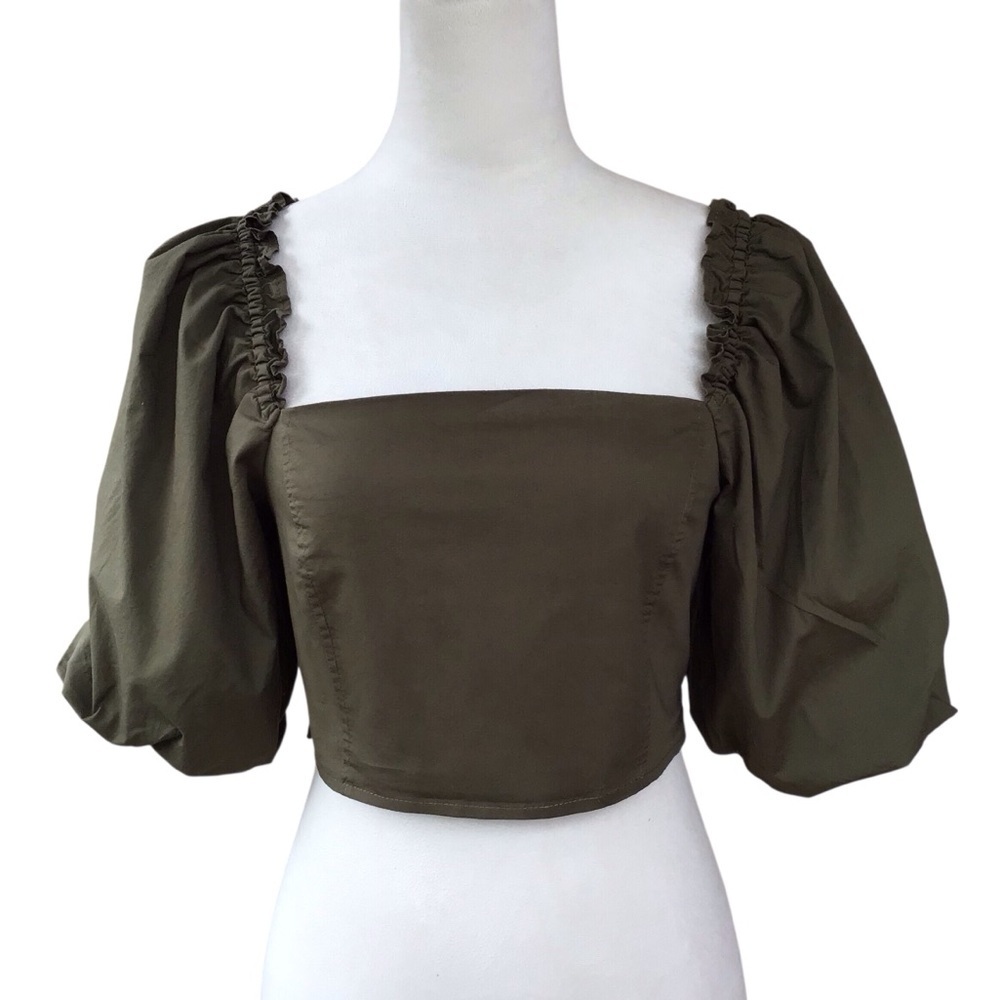 Jason Wu Olive Green Puff Sleeve Smocked Back Crop Top